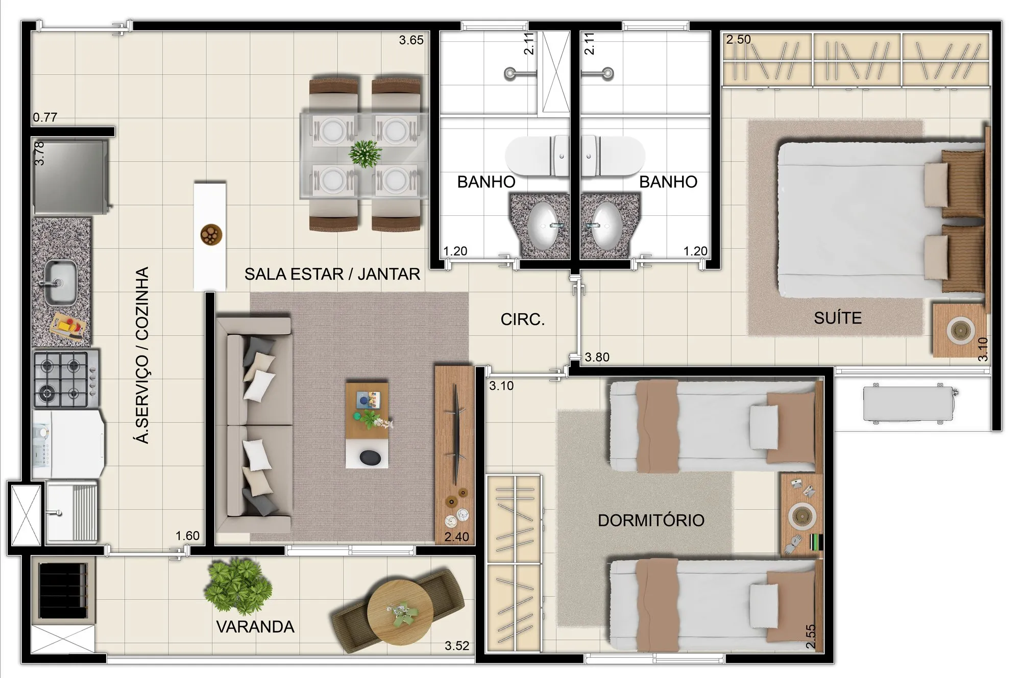 Planta do apartamento tipo de dois quartos com suíte, sala, cozinha e varanda