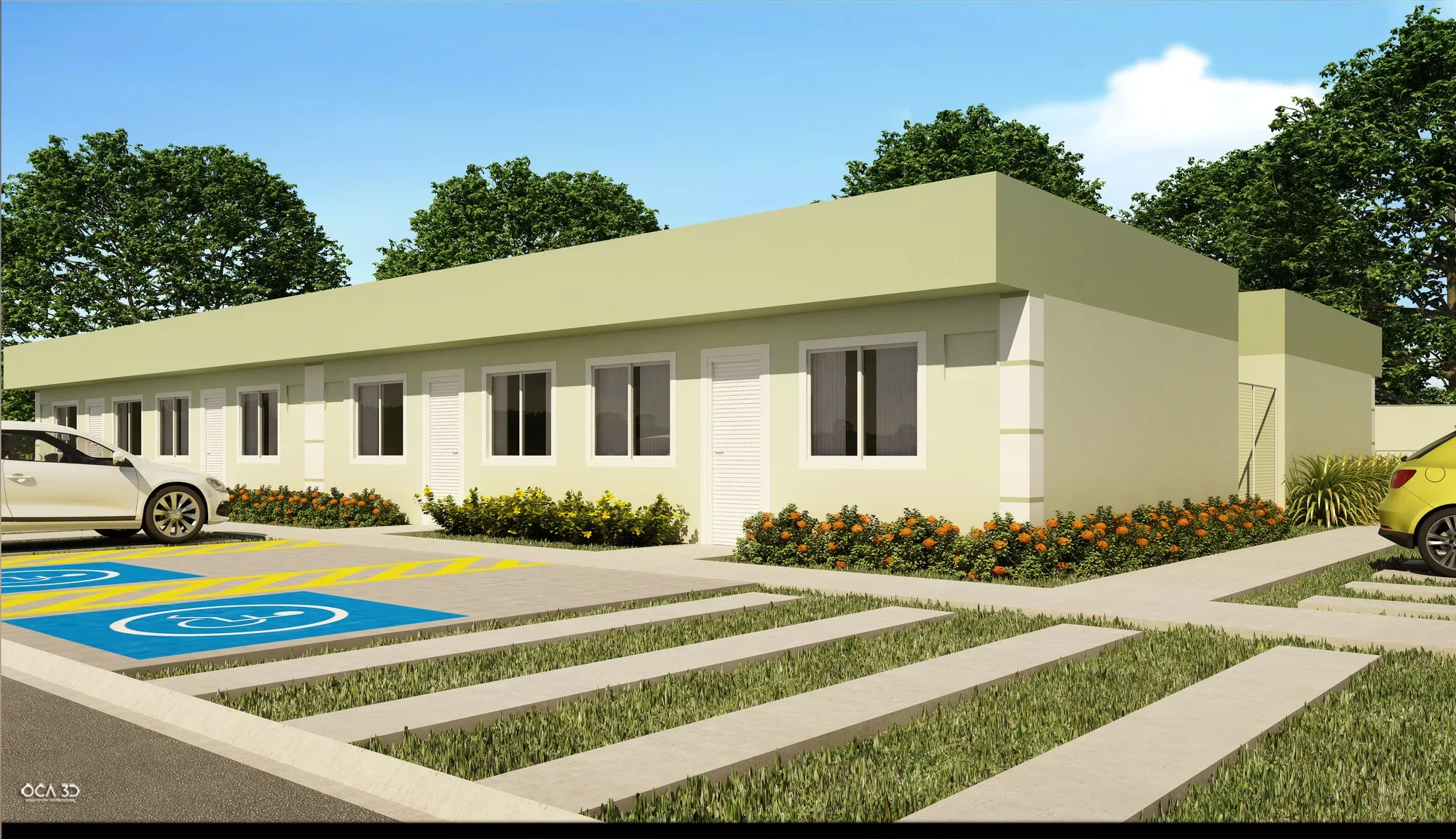 Casas térreas geminadas projetadas para pessoas com deficiência, com rampa de acesso